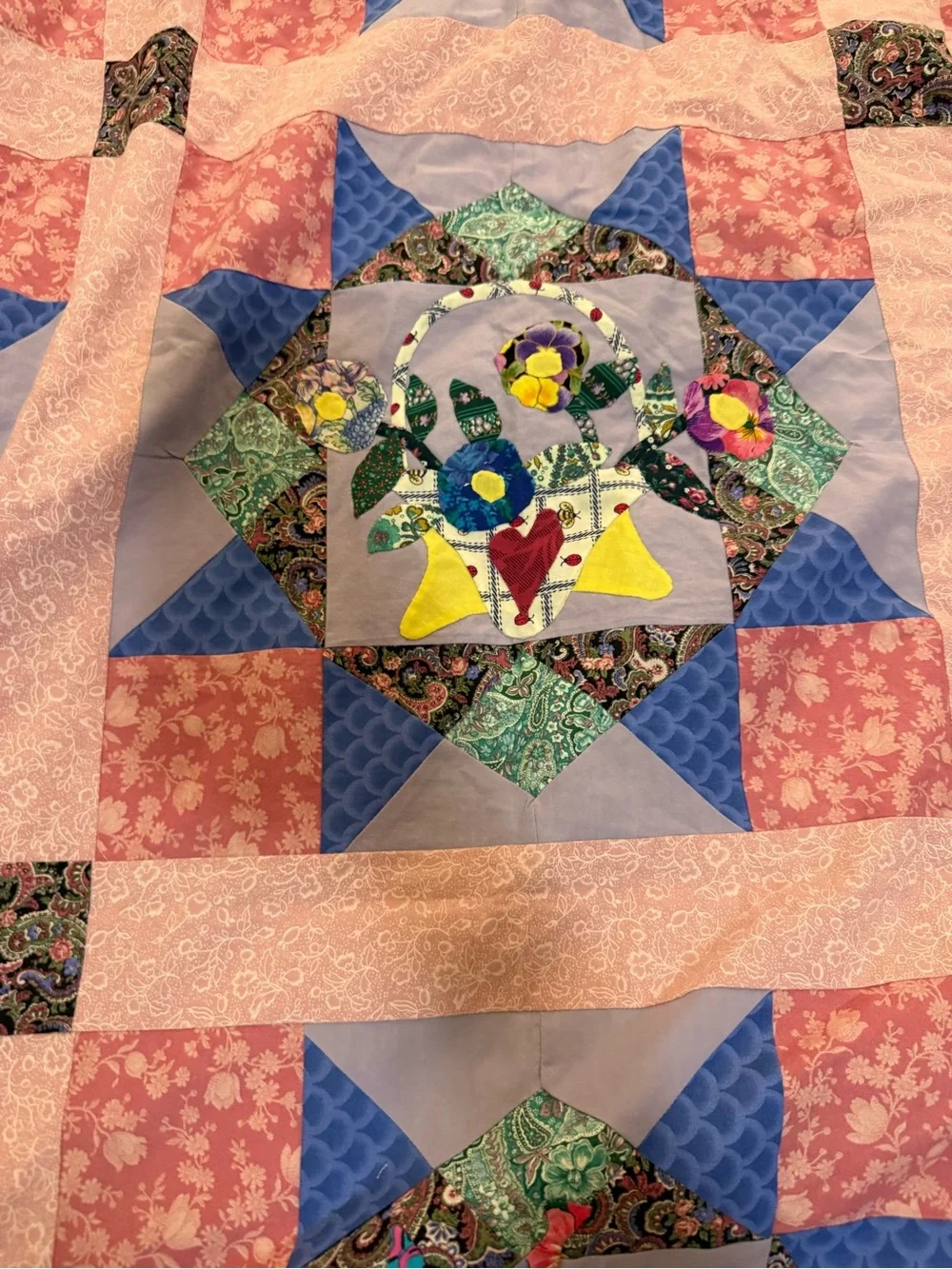 Handmade Pink and Blue Patchwork Quilted Top - Floral & Appliqué Motifs